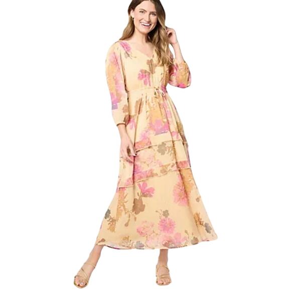 QVC Destination 365 Regular Floral Clip Dot Chiffon Maxi Dress NWOT Sz M Banana - Picture 1 of 8